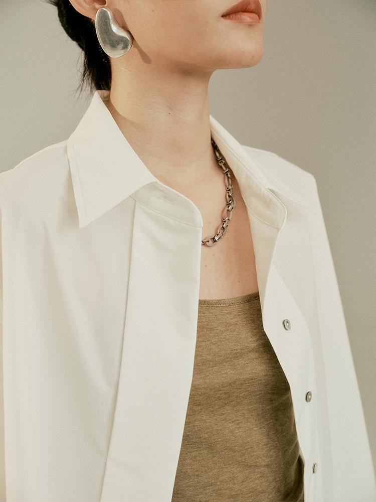 FUSSED Elegant White Oversized Turndown Collar Short Sleeve Women&