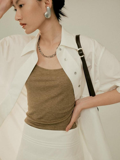 FUSSED Elegant White Oversized Turndown Collar Short Sleeve Women&