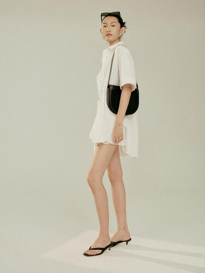 FUSSED Elegant White Oversized Turndown Collar Short Sleeve Women&