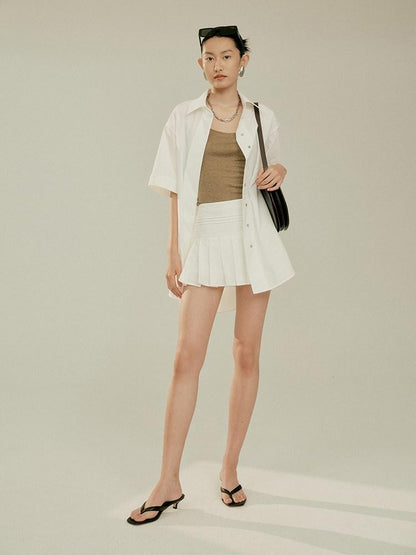 FUSSED Elegant White Oversized Turndown Collar Short Sleeve Women&