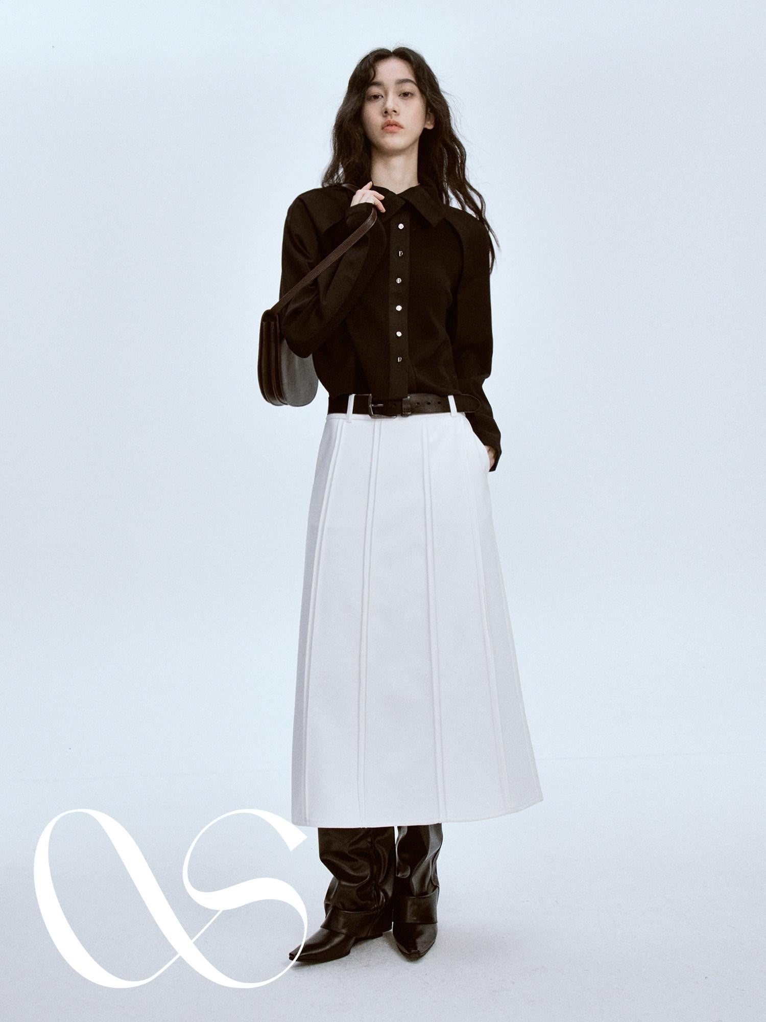 FUSSED Elegant White Pleated Back Slit A Line Women&