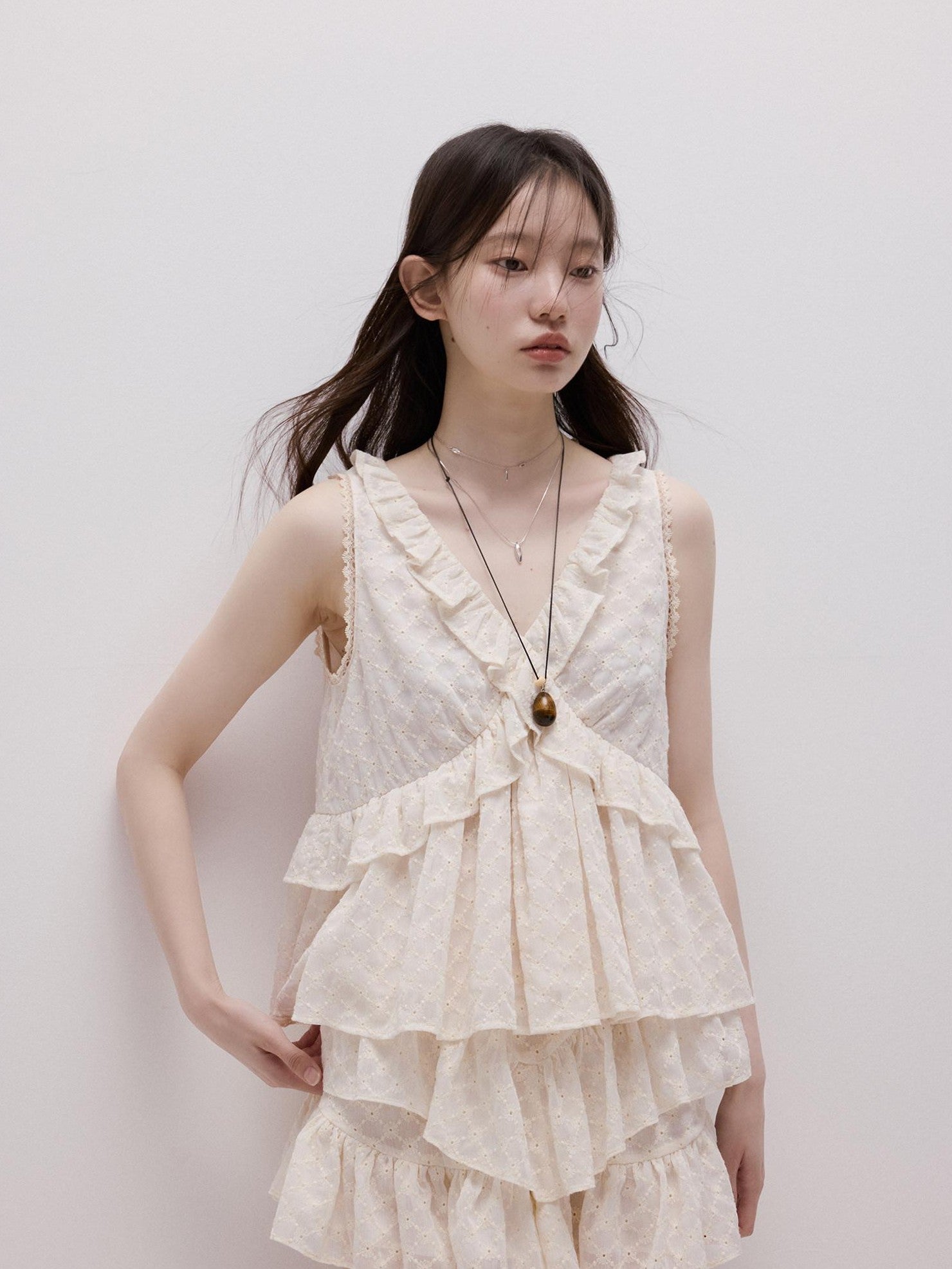FUSSED Embossed Daisy Embroidery Layered V-neck A Line Women&