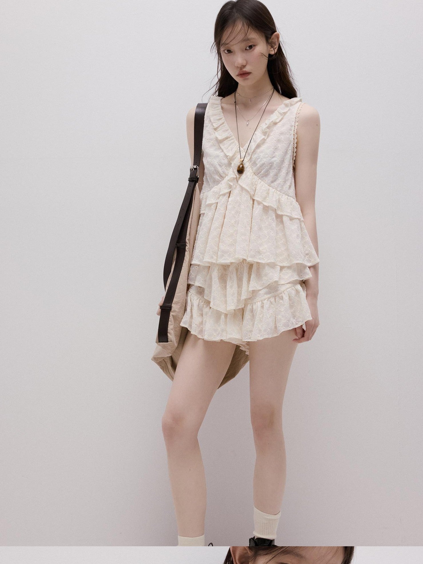 FUSSED Embossed Daisy Embroidery Layered V-neck A Line Women&