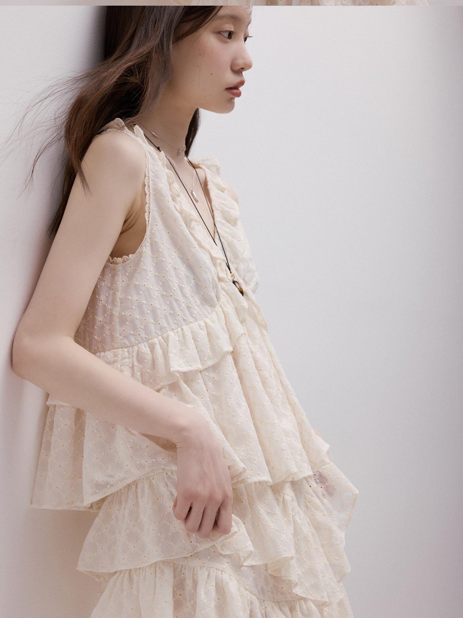 FUSSED Embossed Daisy Embroidery Layered V-neck A Line Women&