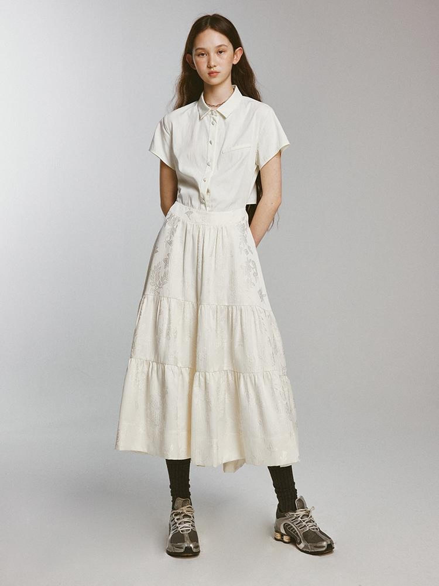 FUSSED Embossed Jacquard Patchwork Shirt Tie Waist Women&