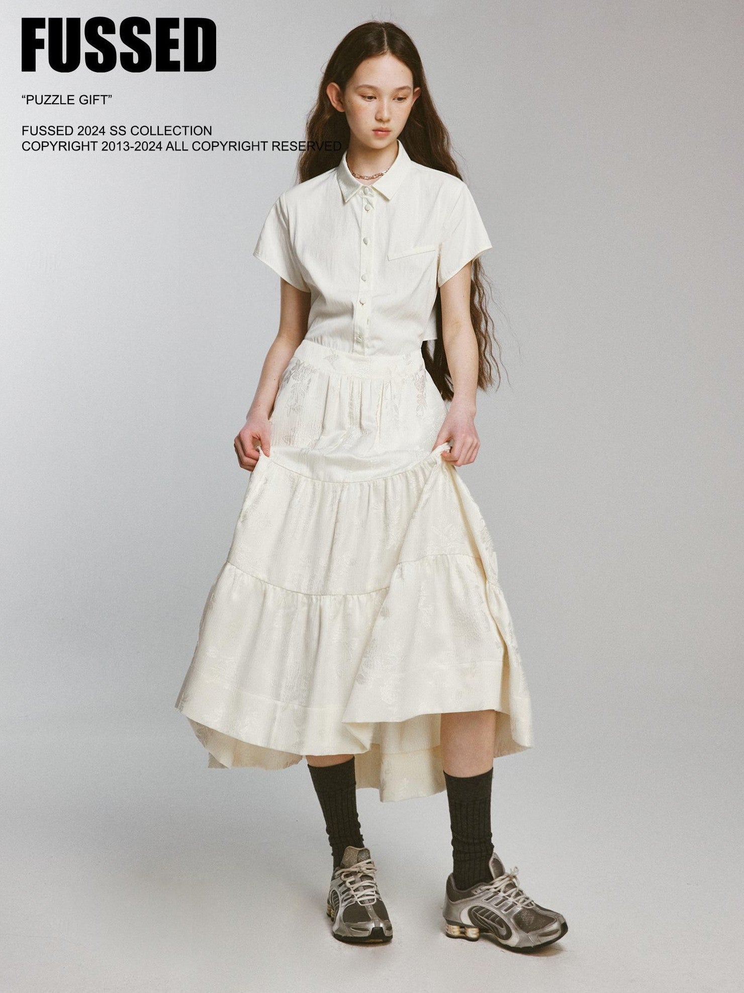 FUSSED Embossed Jacquard Patchwork Shirt Tie Waist Women&