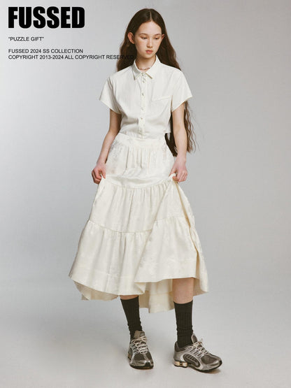 FUSSED Embossed Jacquard Patchwork Shirt Tie Waist Women&