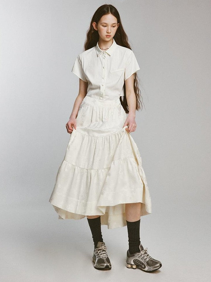 FUSSED Embossed Jacquard Patchwork Shirt Tie Waist Women&