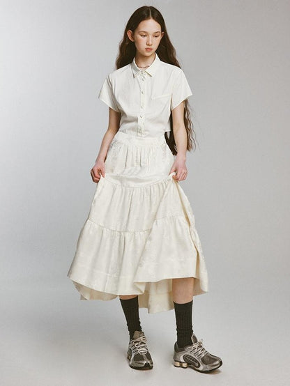 FUSSED Embossed Jacquard Patchwork Shirt Tie Waist Women&