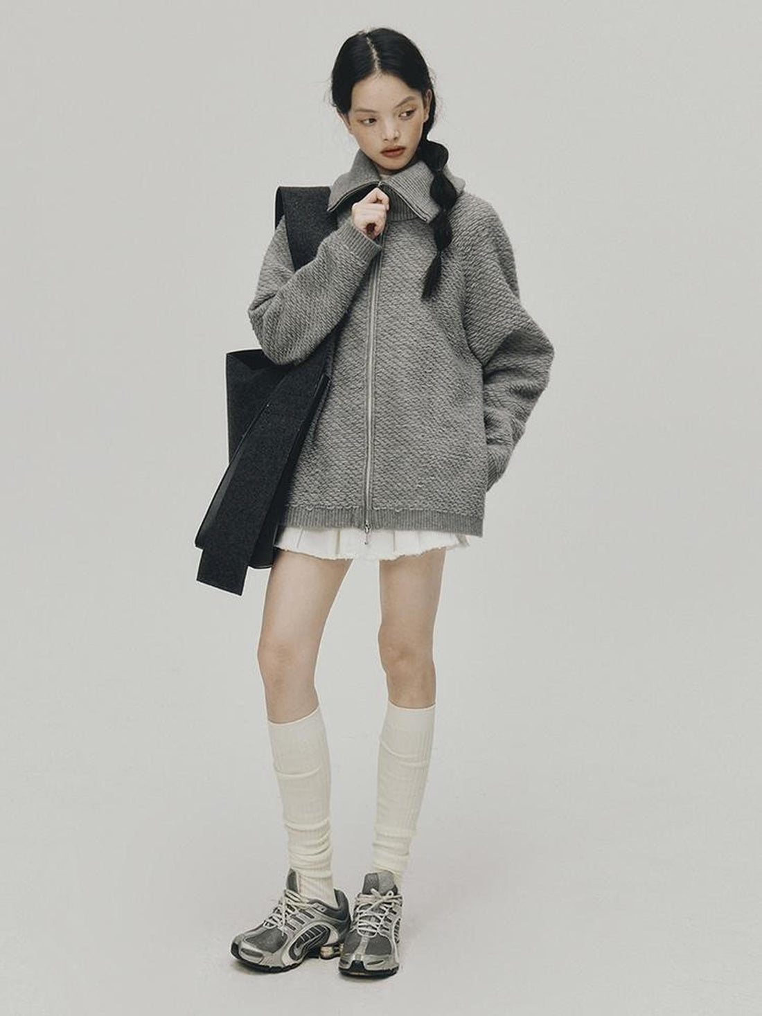 FUSSED Embrace Wool Heavy Gauge Smoky Grey Funnel Neck Cardigan Coat