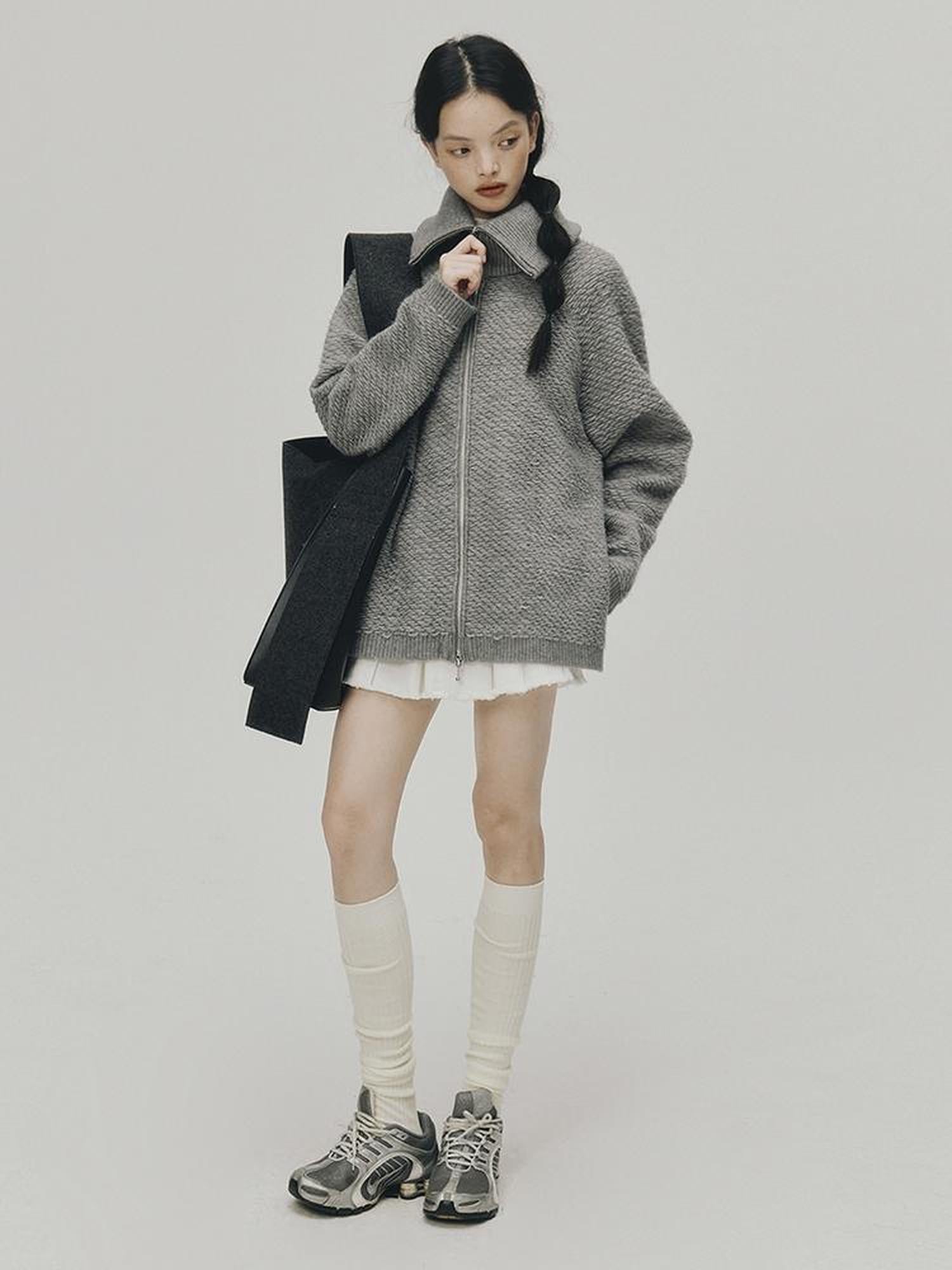 FUSSED Embrace Wool Heavy Gauge Smoky Grey Funnel Neck Cardigan Coat