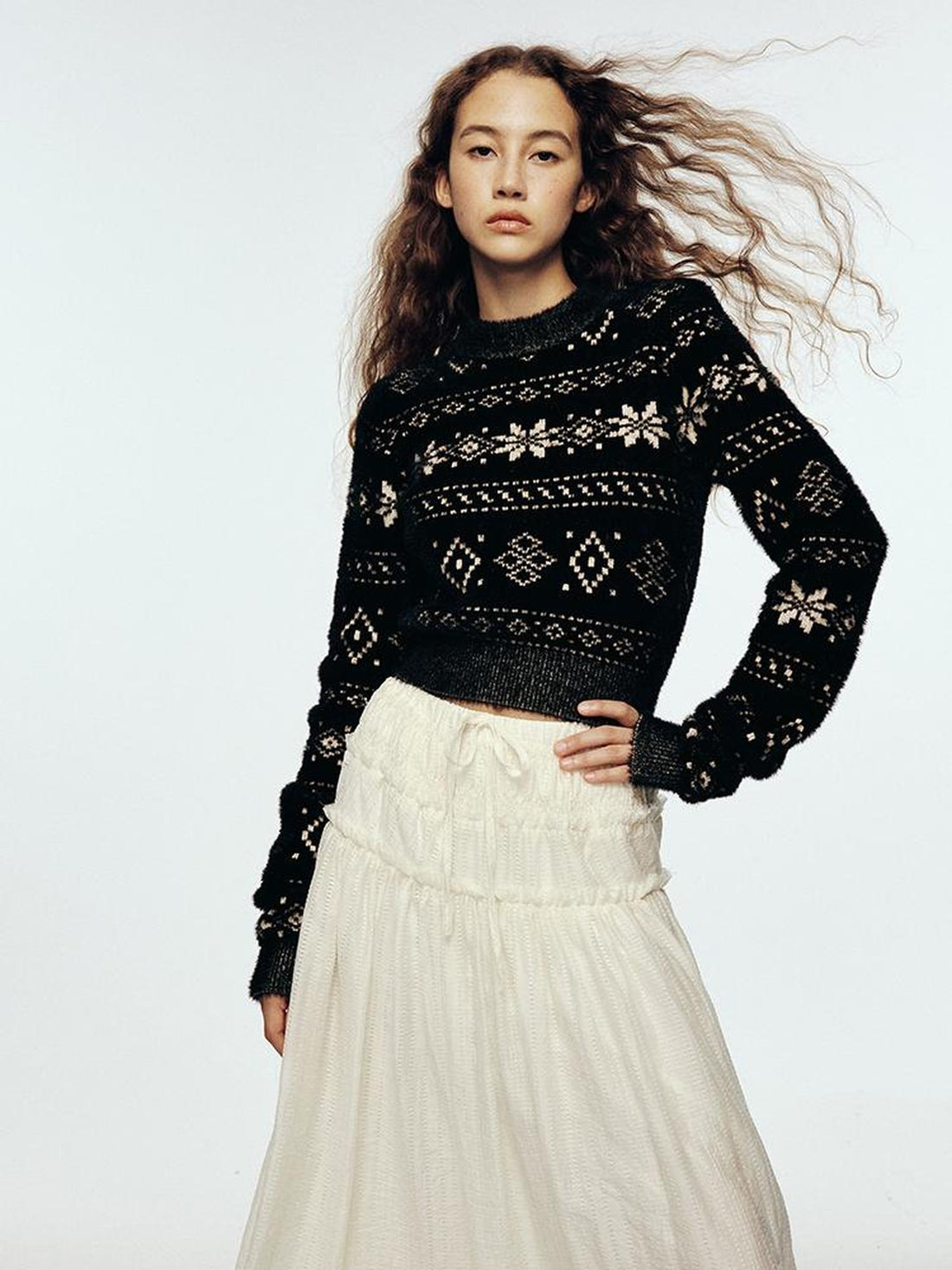 FUSSED Fair Isle Mistletoe Textured Acrylic Blend Black And White Snowflake Sweater
