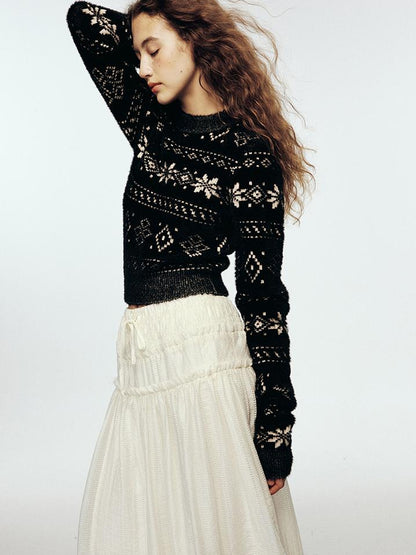 FUSSED Fair Isle Mistletoe Textured Acrylic Blend Black And White Snowflake Sweater