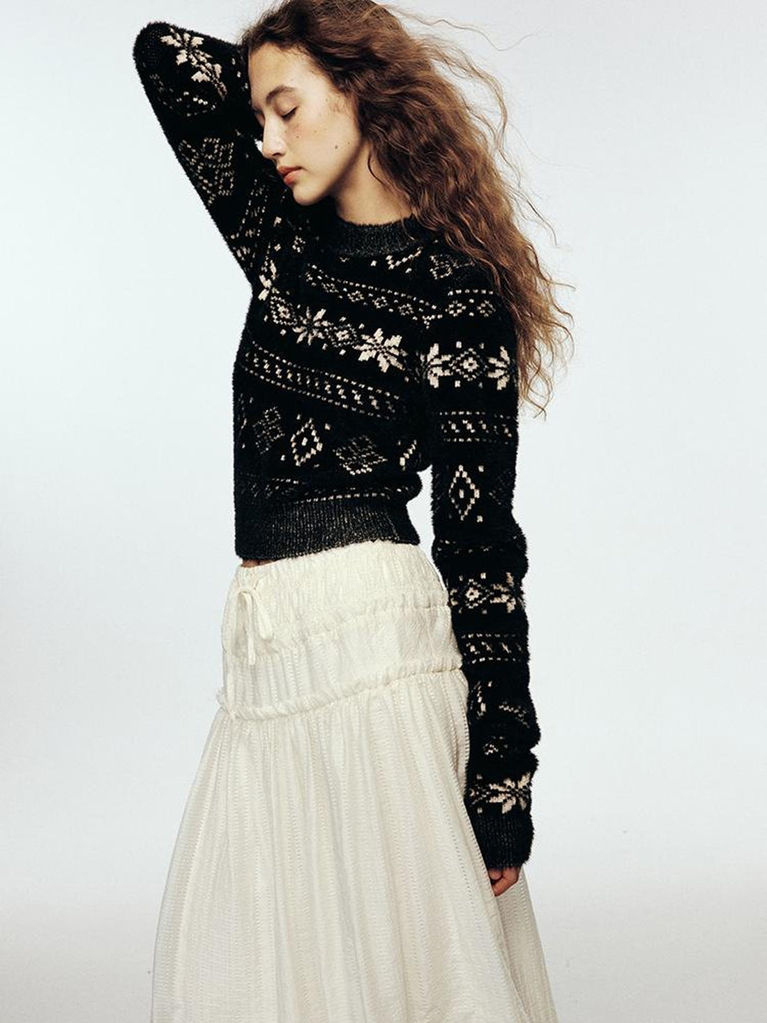 FUSSED Fair Isle Mistletoe Textured Acrylic Blend Black And White Snowflake Sweater