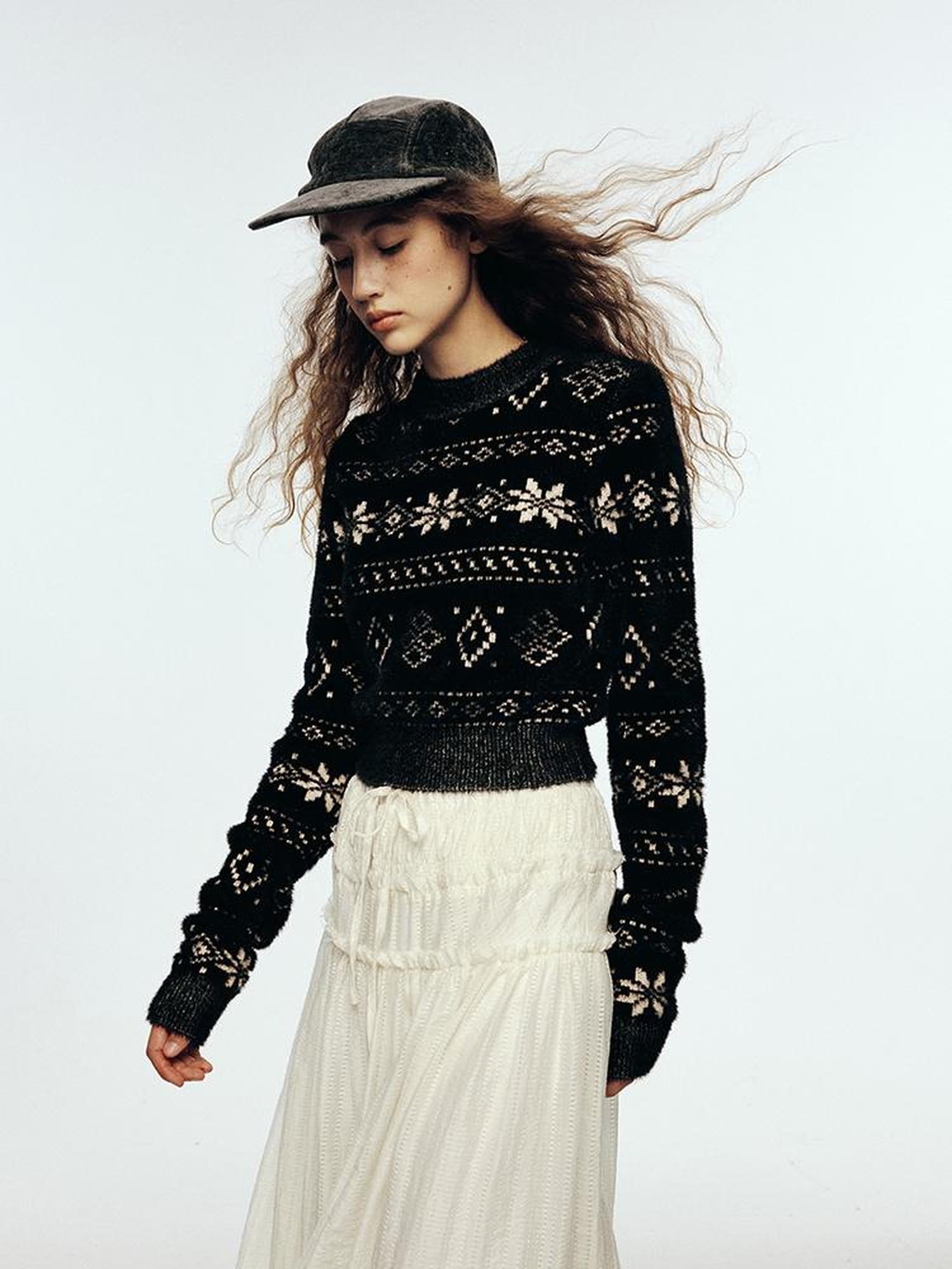 FUSSED Fair Isle Mistletoe Textured Acrylic Blend Black And White Snowflake Sweater