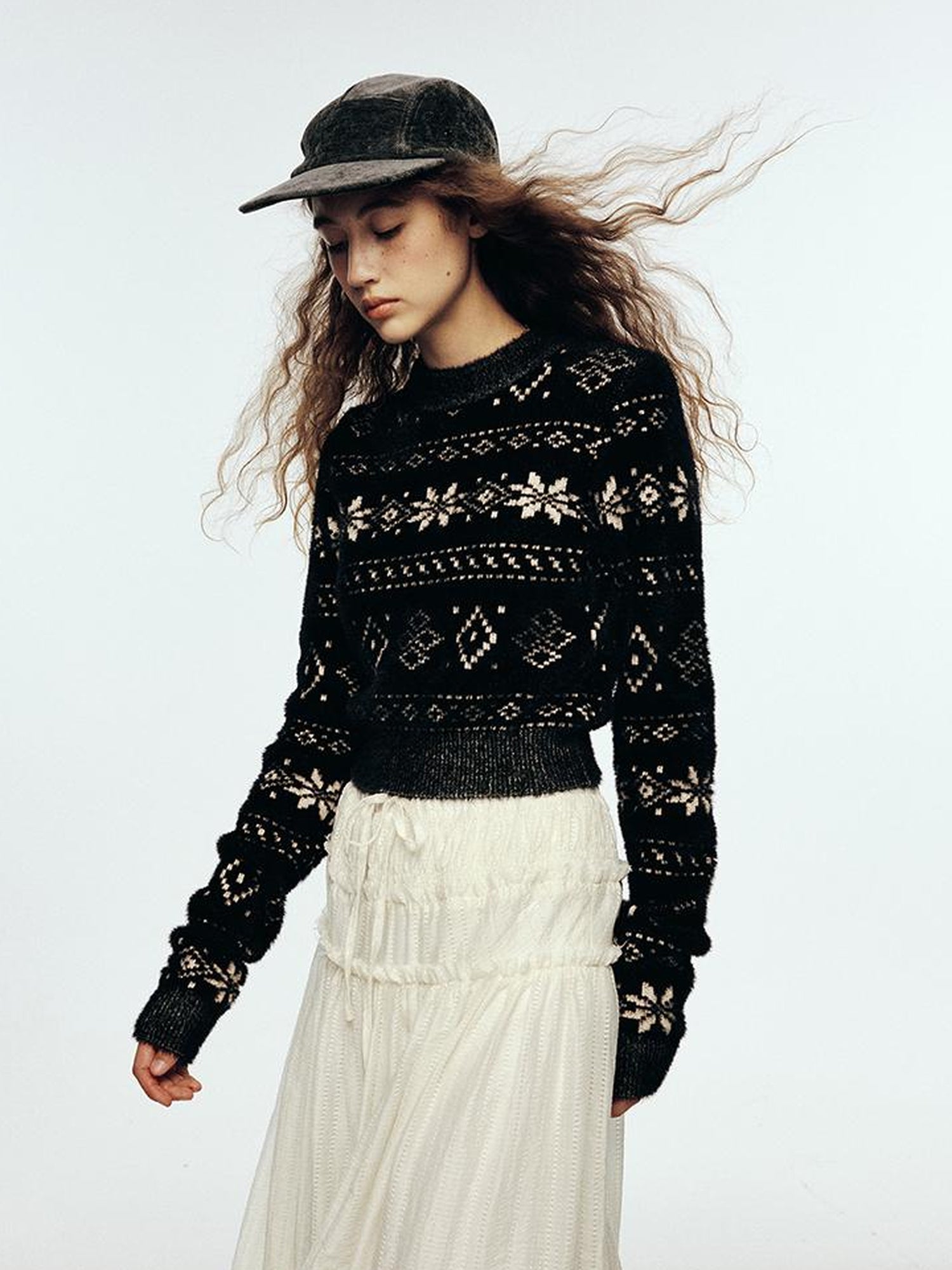 FUSSED Fair Isle Mistletoe Textured Acrylic Blend Black And White Snowflake Sweater