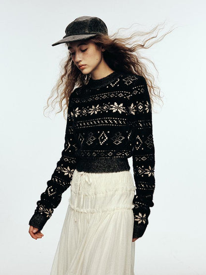 FUSSED Fair Isle Mistletoe Textured Acrylic Blend Black And White Snowflake Sweater