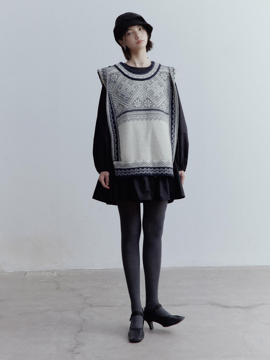 FUSSED Fair Isle Wool Vest Blue Grey Vintage Pattern Multi Way Wear V-neck T-shirt Long Sleeve