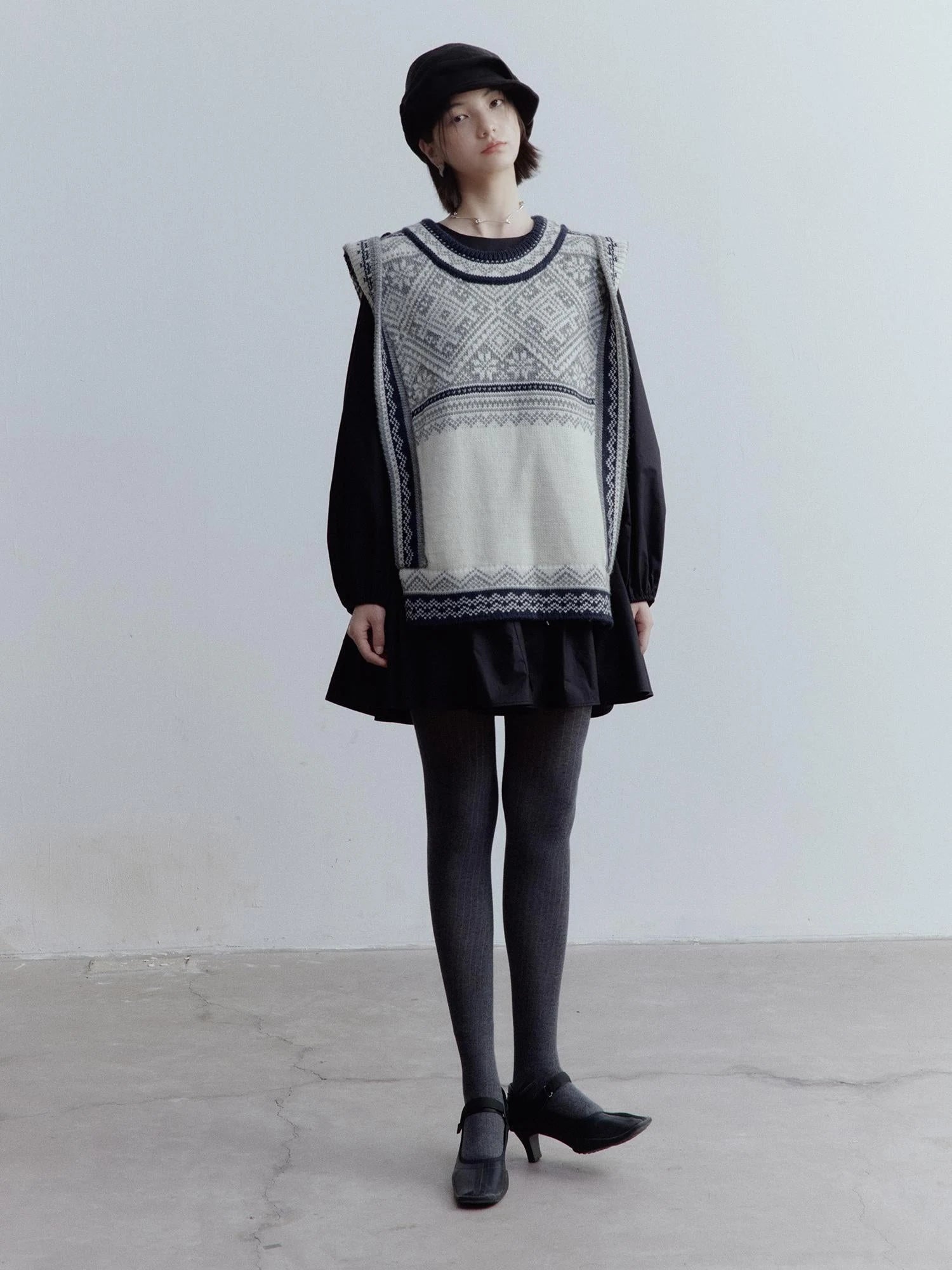 Fair Isle Wool Vest Blue Grey Vintage Pattern Multi Way Wear V-neck T-shirt Long Sleeve