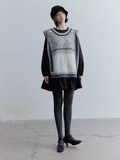 Fair Isle Wool Vest Blue Grey Vintage Pattern Multi Way Wear V-neck T-shirt Long Sleeve