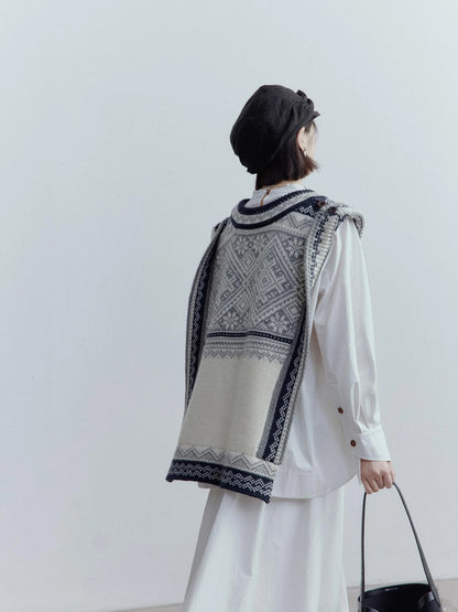 Fair Isle Wool Vest Blue Grey Vintage Pattern Multi Way Wear V-neck T-shirt Long Sleeve