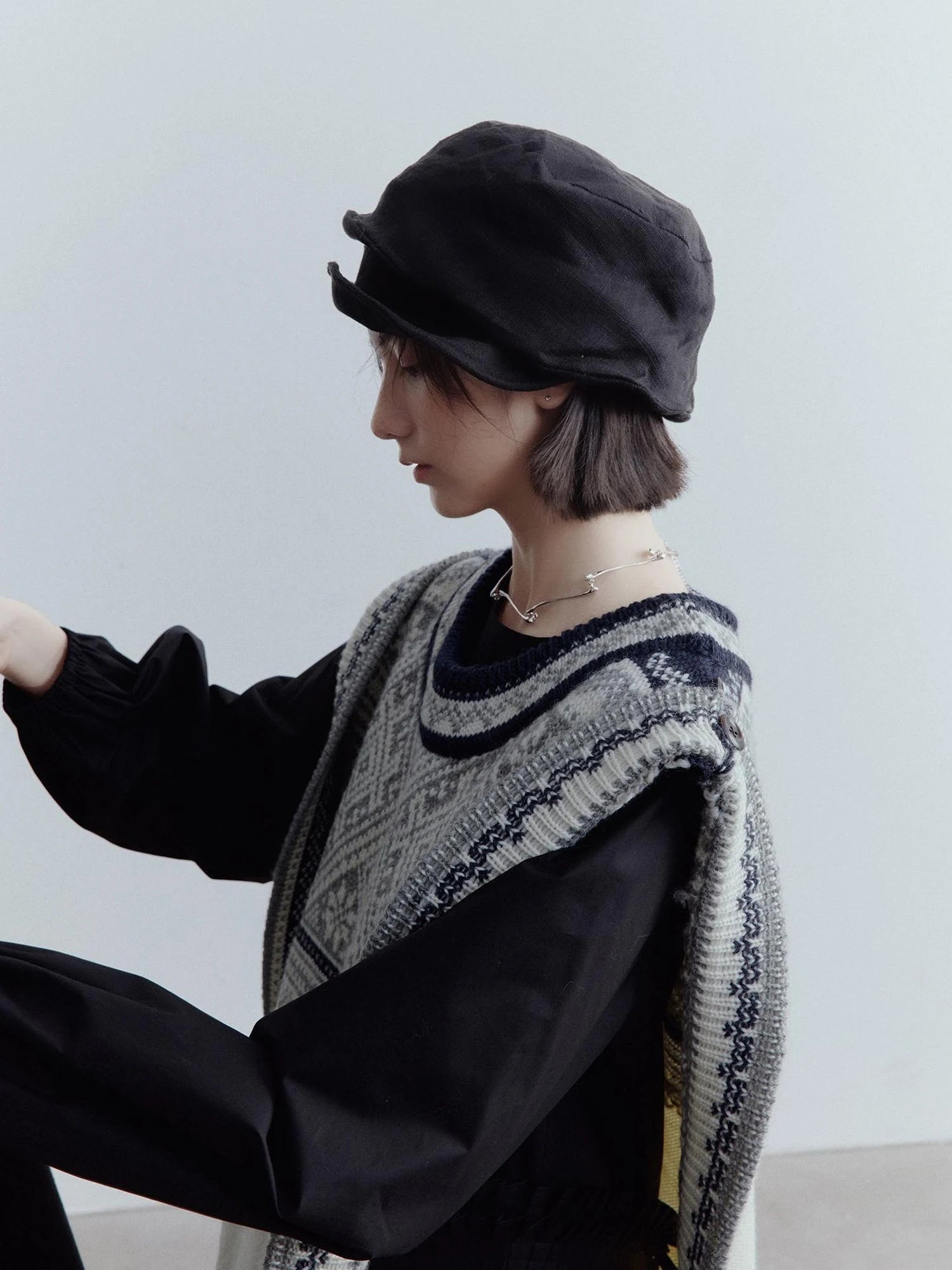 Fair Isle Wool Vest Blue Grey Vintage Pattern Multi Way Wear V-neck T-shirt Long Sleeve