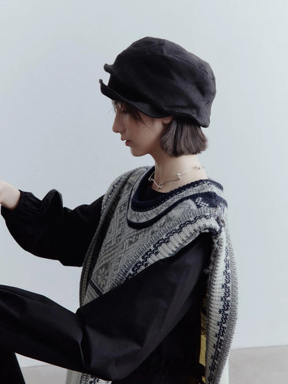 Fair Isle Wool Vest Blue Grey Vintage Pattern Multi Way Wear V-neck T-shirt Long Sleeve