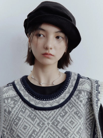 Fair Isle Wool Vest Blue Grey Vintage Pattern Multi Way Wear V-neck T-shirt Long Sleeve