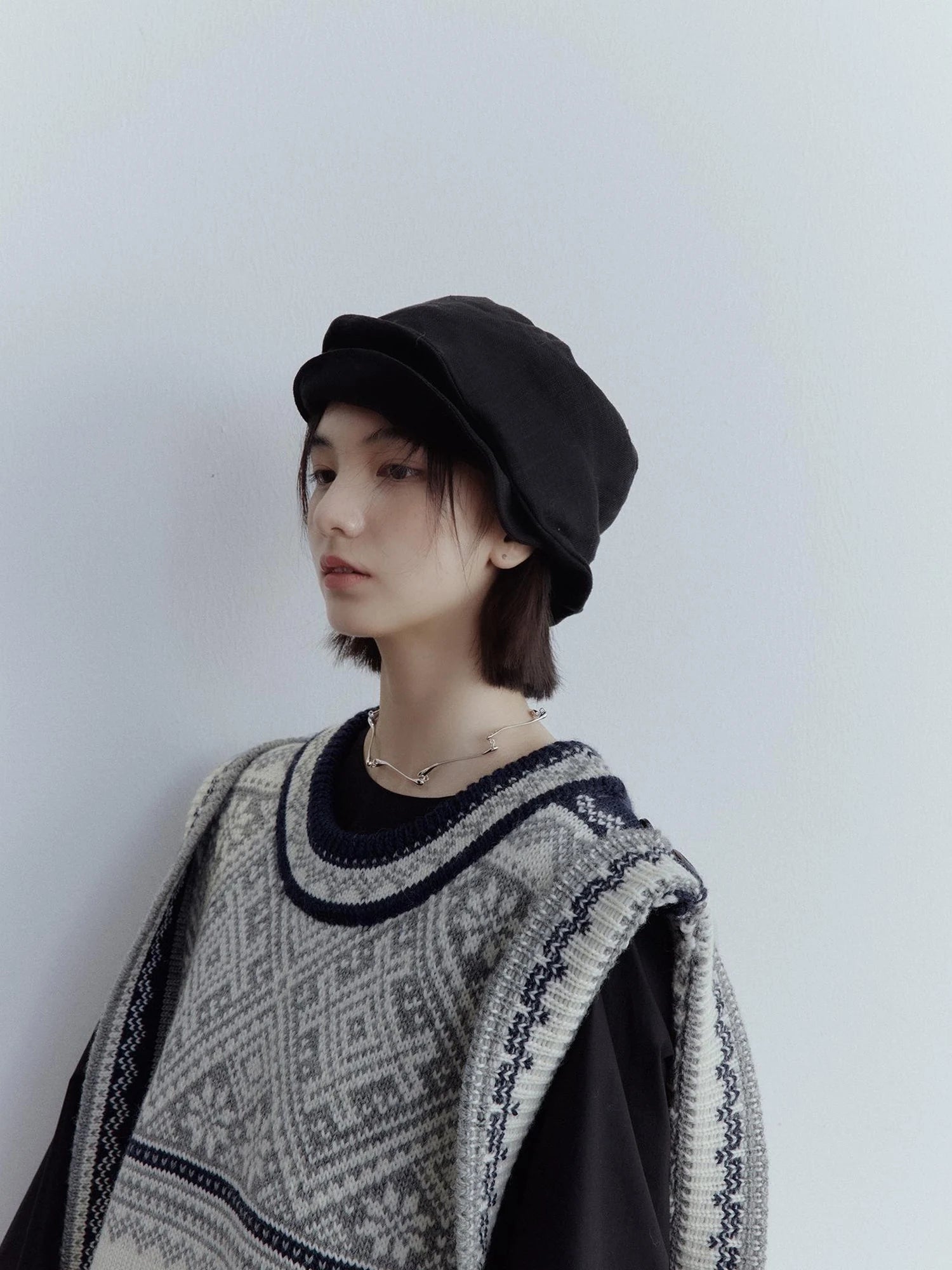 Fair Isle Wool Vest Blue Grey Vintage Pattern Multi Way Wear V-neck T-shirt Long Sleeve