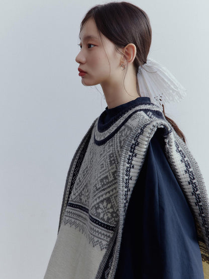 FUSSED Fair Isle Wool Vest Blue Grey Vintage Pattern Multi Way Wear V Neck T Shirt Long Sleeve