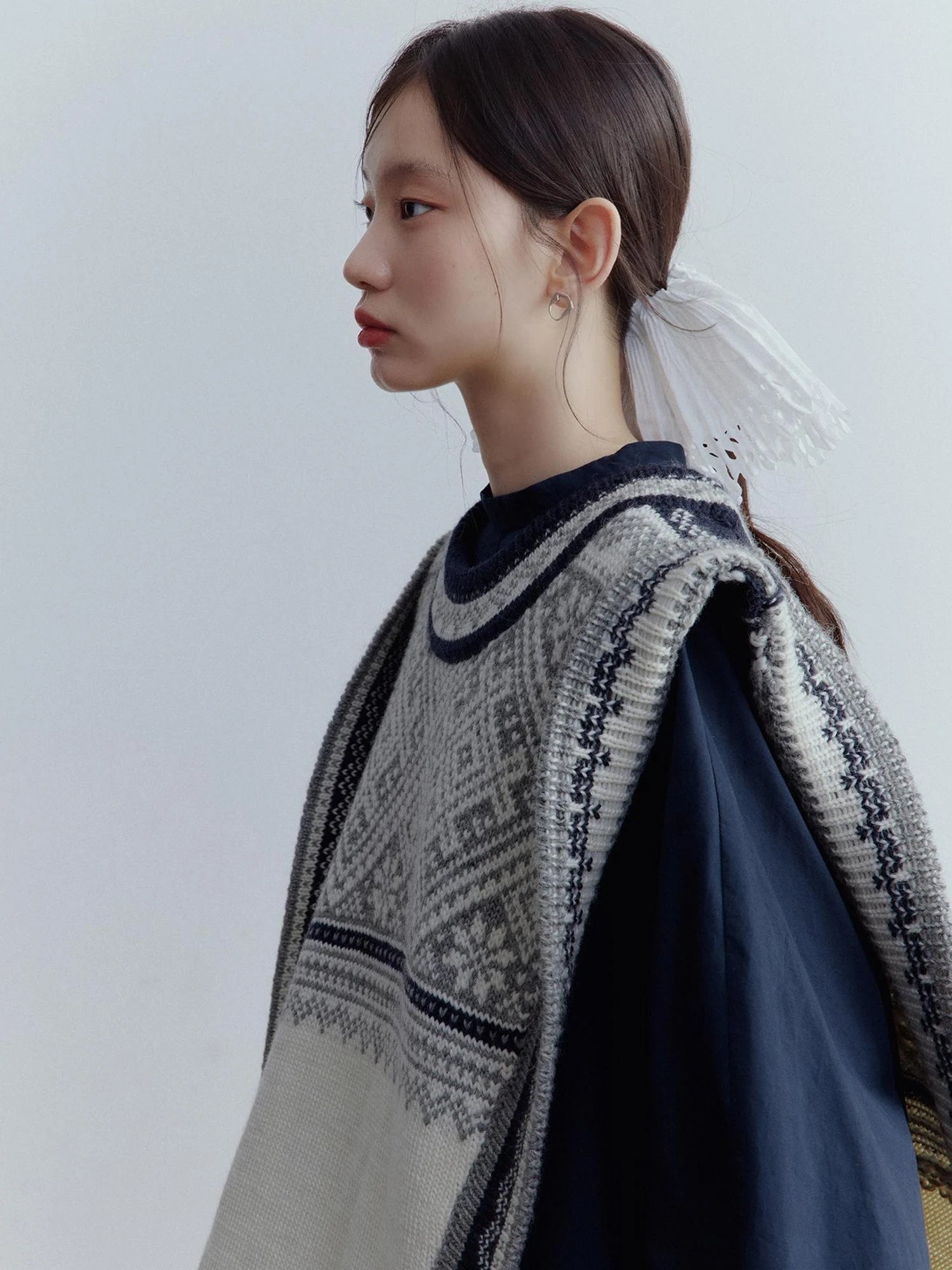 Fair Isle Wool Vest Blue Grey Vintage Pattern Multi Way Wear V-neck T-shirt Long Sleeve