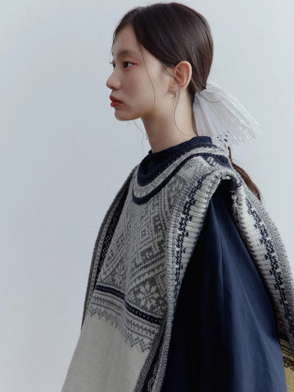 Fair Isle Wool Vest Blue Grey Vintage Pattern Multi Way Wear V-neck T-shirt Long Sleeve