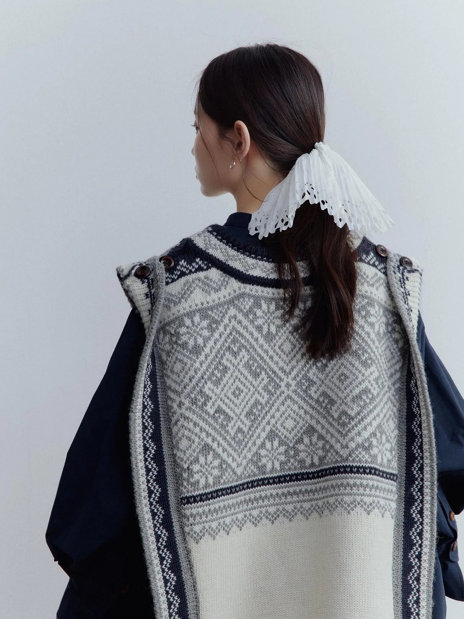 Fair Isle Wool Vest Blue Grey Vintage Pattern Multi Way Wear V-neck T-shirt Long Sleeve