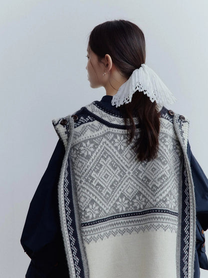 Fair Isle Wool Vest Blue Grey Vintage Pattern Multi Way Wear V-neck T-shirt Long Sleeve