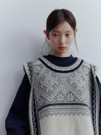 Fair Isle Wool Vest Blue Grey Vintage Pattern Multi Way Wear V-neck T-shirt Long Sleeve