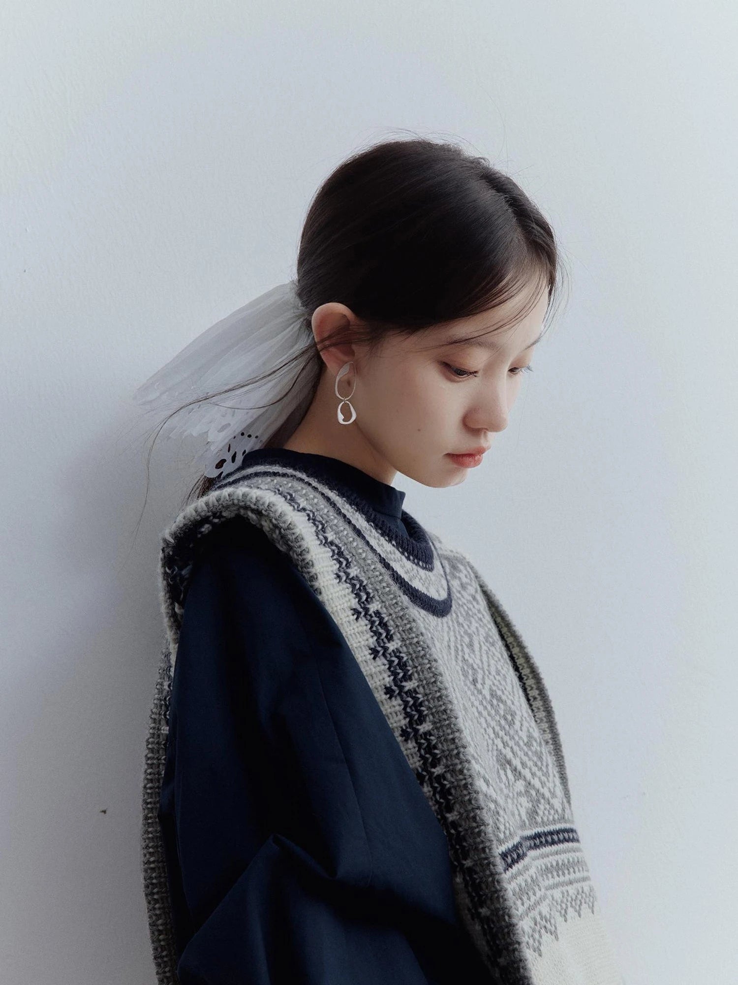 Fair Isle Wool Vest Blue Grey Vintage Pattern Multi Way Wear V-neck T-shirt Long Sleeve