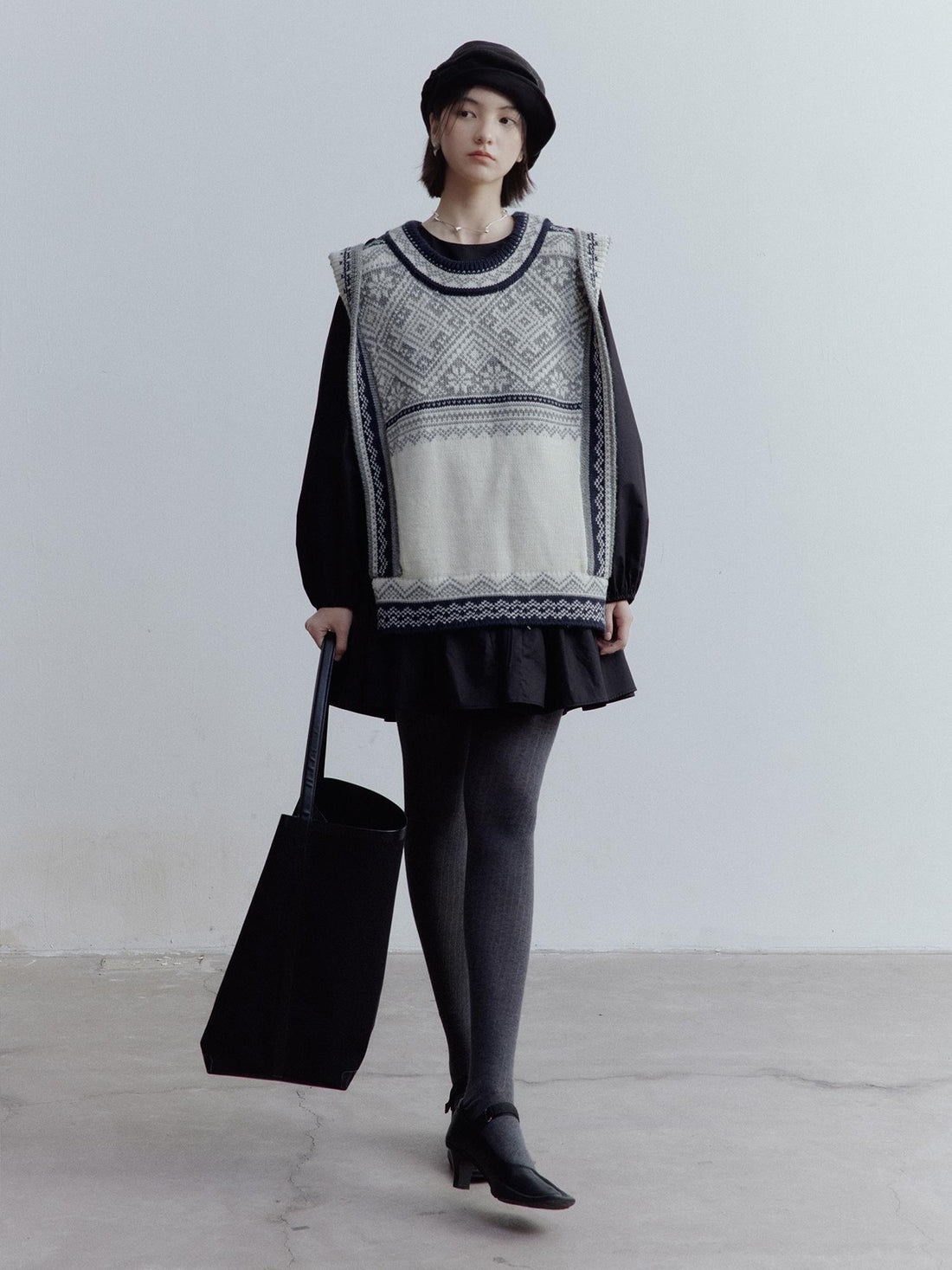 FUSSED Fair Isle Wool Vest Blue Grey Vintage Pattern Multi Way Wear V-neck T-shirt Long Sleeve