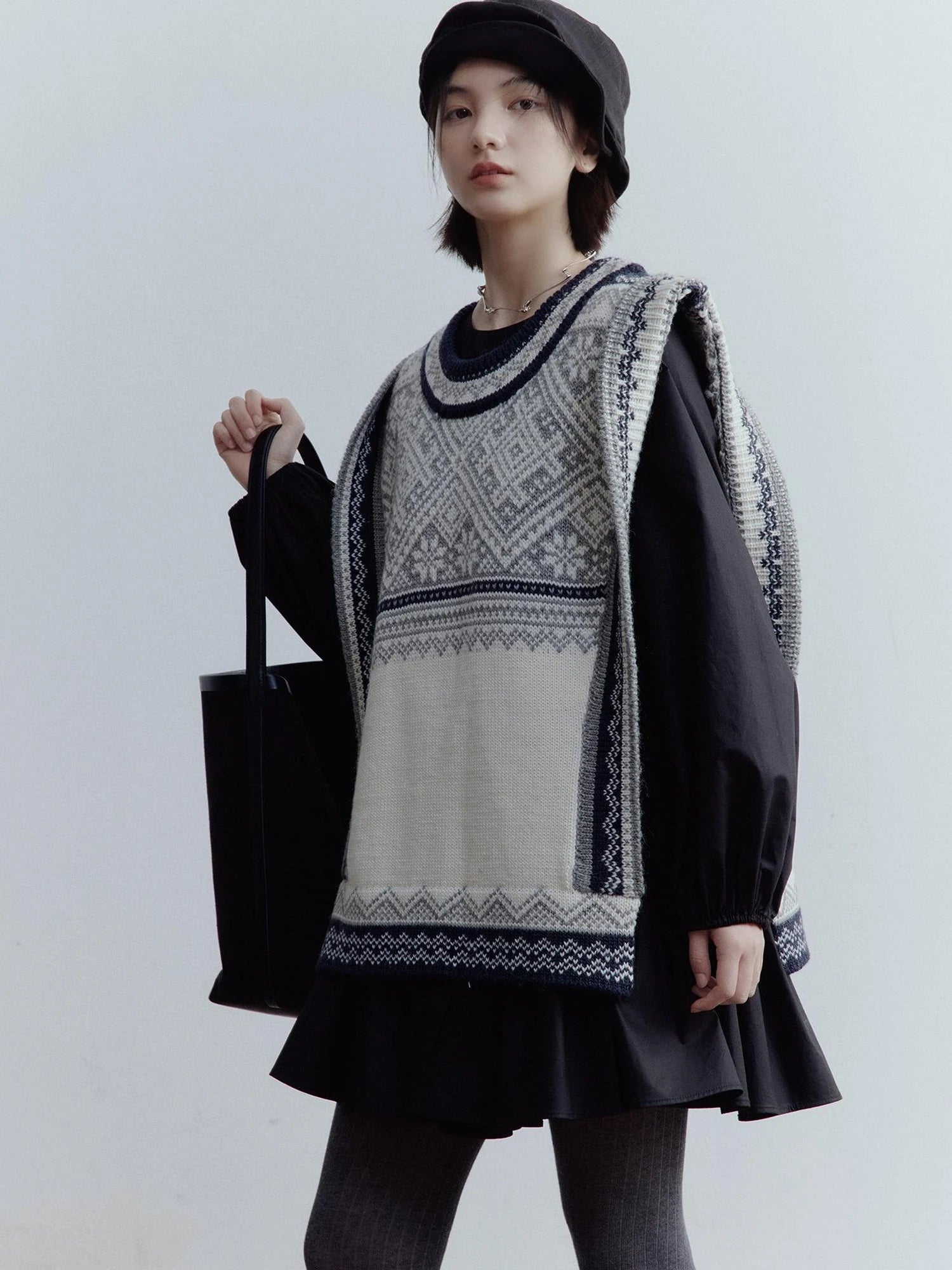 Fair Isle Wool Vest Blue Grey Vintage Pattern Multi Way Wear V-neck T-shirt Long Sleeve