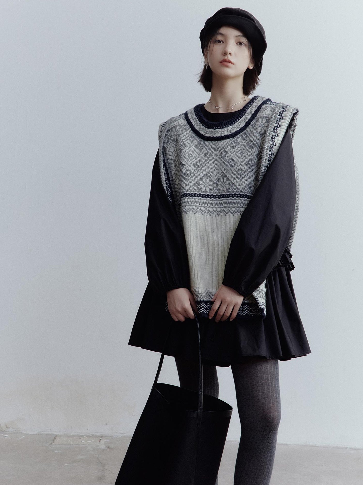 FUSSED Fair Isle Wool Vest Blue Grey Vintage Pattern Multi Way Wear V-neck T-shirt Long Sleeve