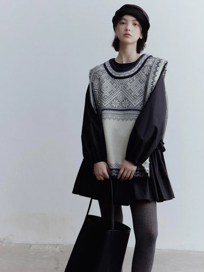 Fair Isle Wool Vest Blue Grey Vintage Pattern Multi Way Wear V-neck T-shirt Long Sleeve