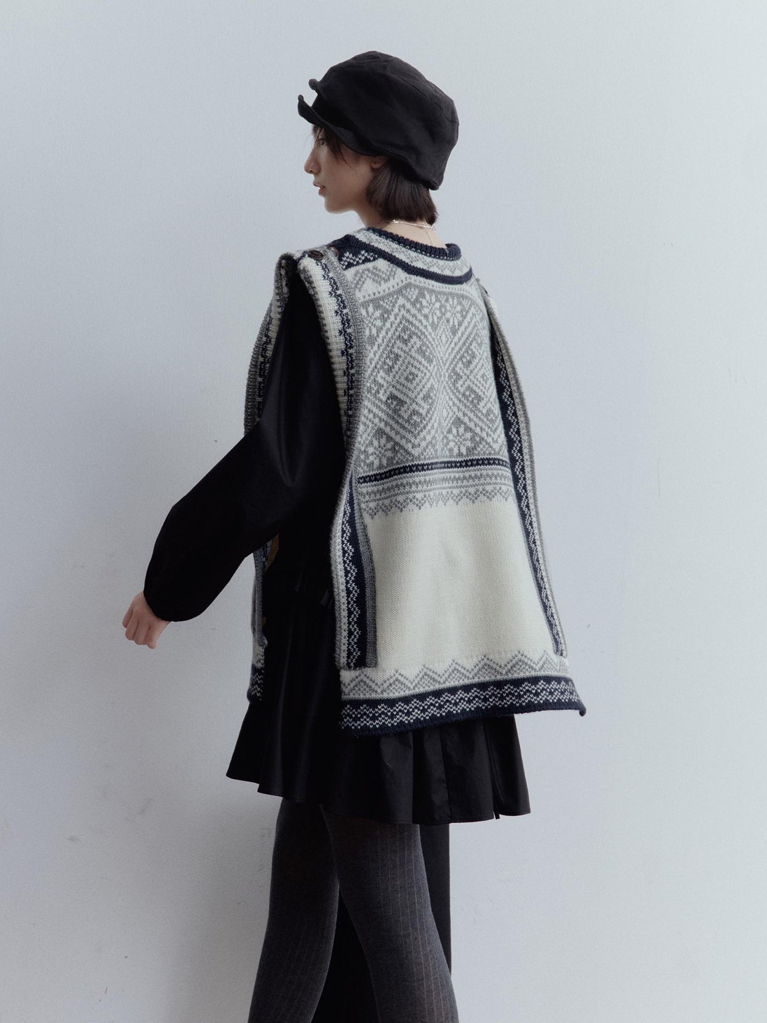 FUSSED Fair Isle Wool Vest Blue Grey Vintage Pattern Multi Way Wear V Neck T Shirt Long Sleeve