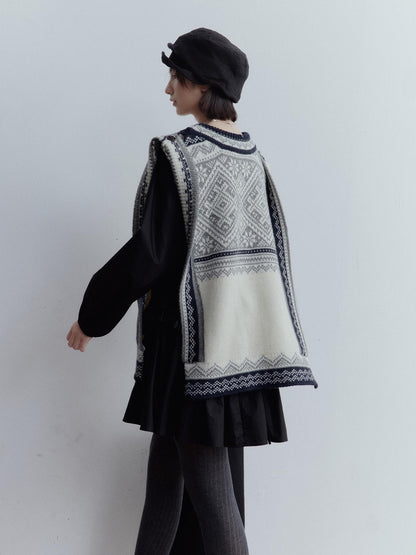 FUSSED Fair Isle Wool Vest Blue Grey Vintage Pattern Multi Way Wear V Neck T Shirt Long Sleeve