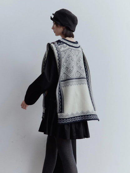 Fair Isle Wool Vest Blue Grey Vintage Pattern Multi Way Wear V-neck T-shirt Long Sleeve