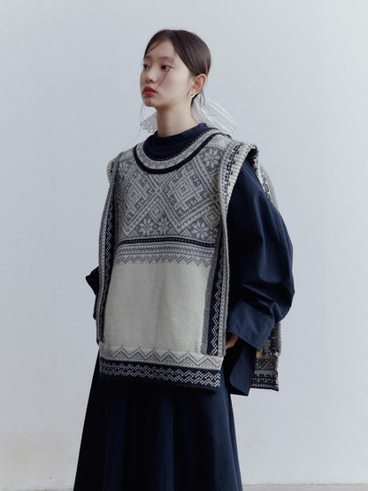 FUSSED Fair Isle Wool Vest Blue Grey Vintage Pattern Multi Way Wear V Neck T Shirt Long Sleeve