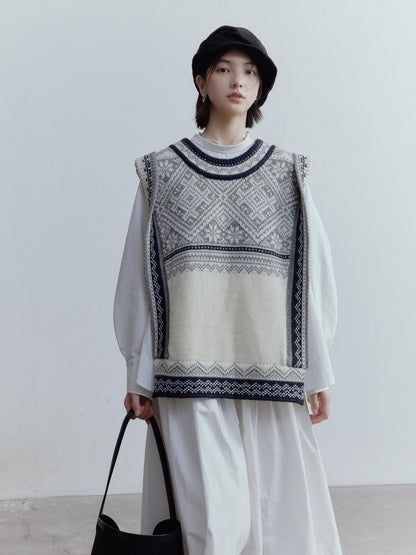 FUSSED Fair Isle Wool Vest Blue Grey Vintage Pattern Multi Way Wear V Neck T Shirt Long Sleeve
