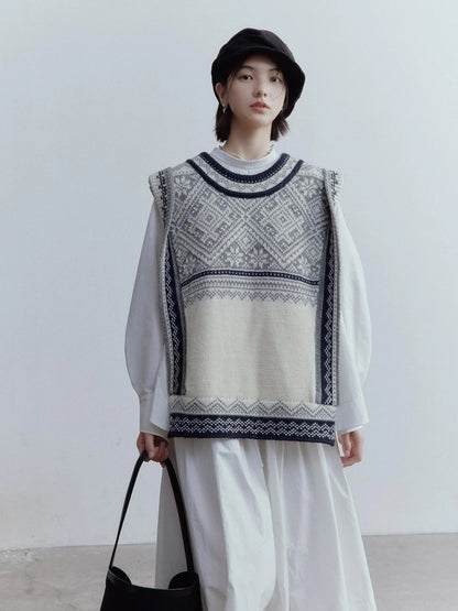 Fair Isle Wool Vest Blue Grey Vintage Pattern Multi Way Wear V-neck T-shirt Long Sleeve