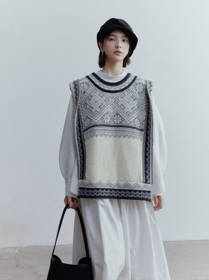 FUSSED_Fair_Isle_Wool_Vest_Blue_Grey_Vintage_Pattern_Multi_Way_Wear_V_Neck_T_Shirt_Long_Sleeve_MISSTT