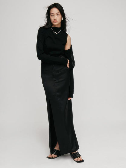 FUSSED Faux Acetate Spliced Slit Skirt In Jet Black