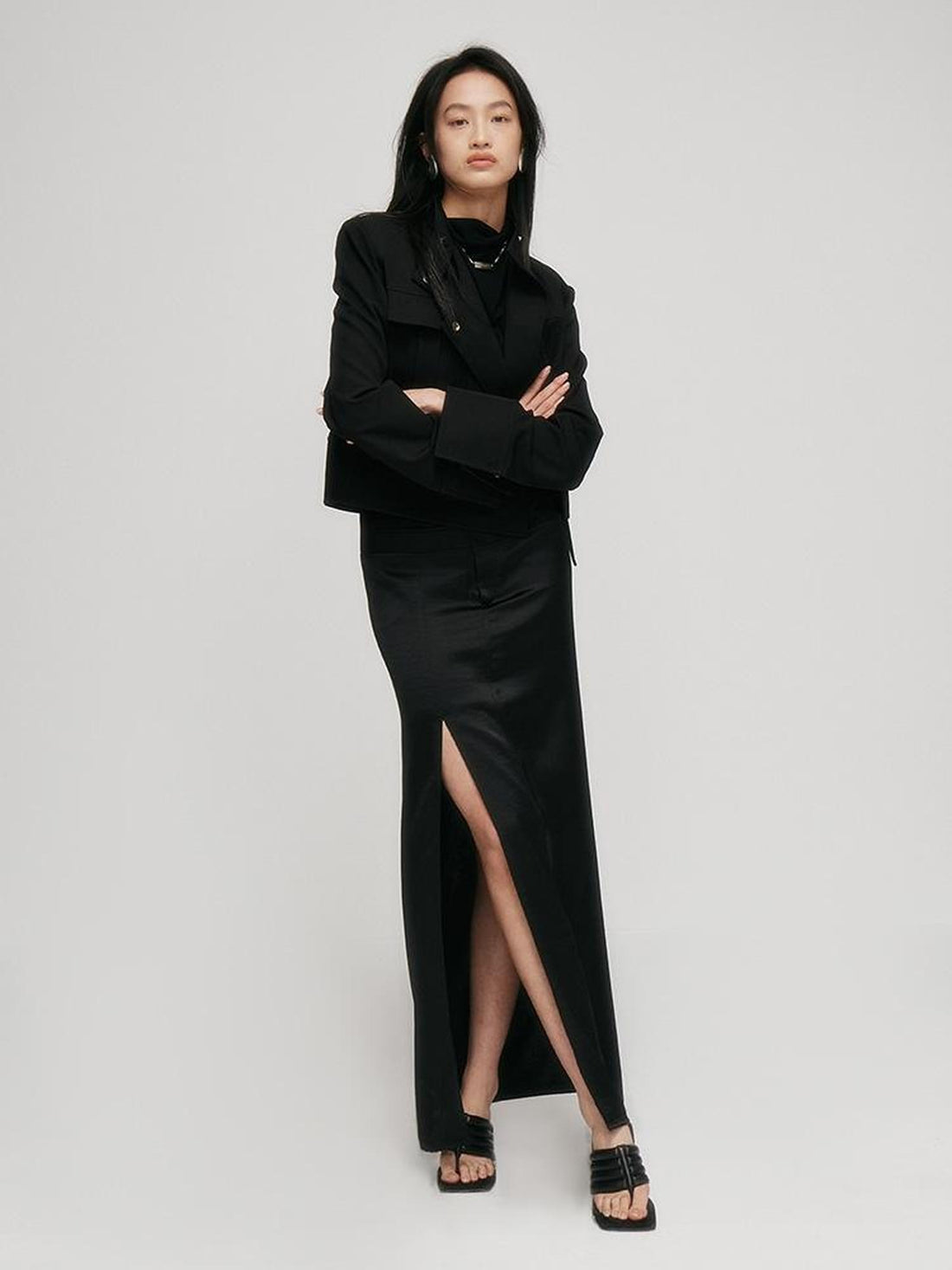 FUSSED Faux Acetate Spliced Slit Skirt In Jet Black