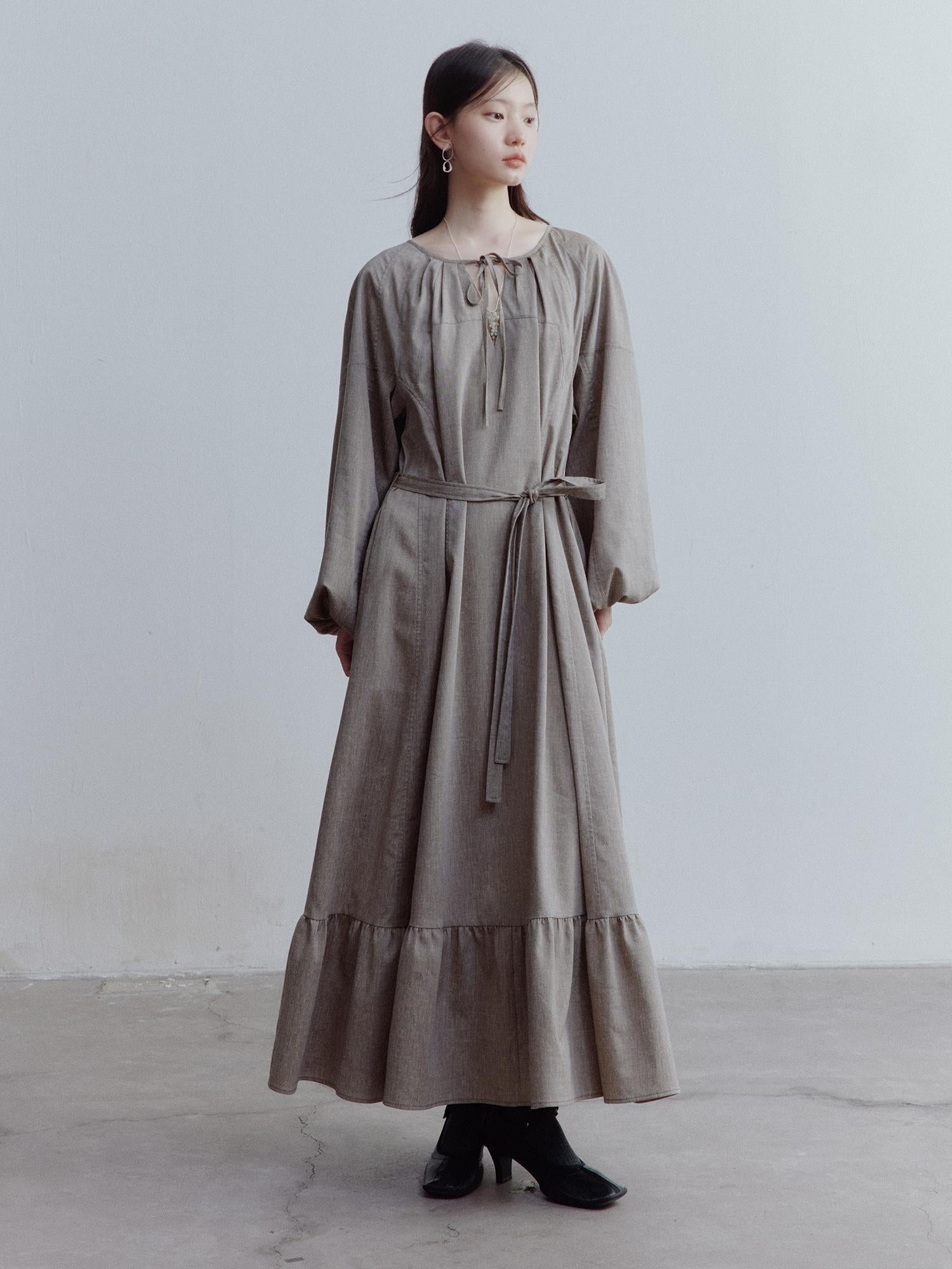 FUSSED Fog Forest Linen Blend Maxi Dress with Detailing